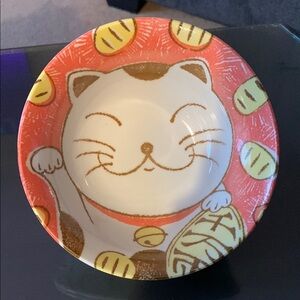 Lucky Cat Ceramic Bowl - Red and Yellow